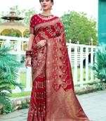 Red woven design floral printed zari organza saree