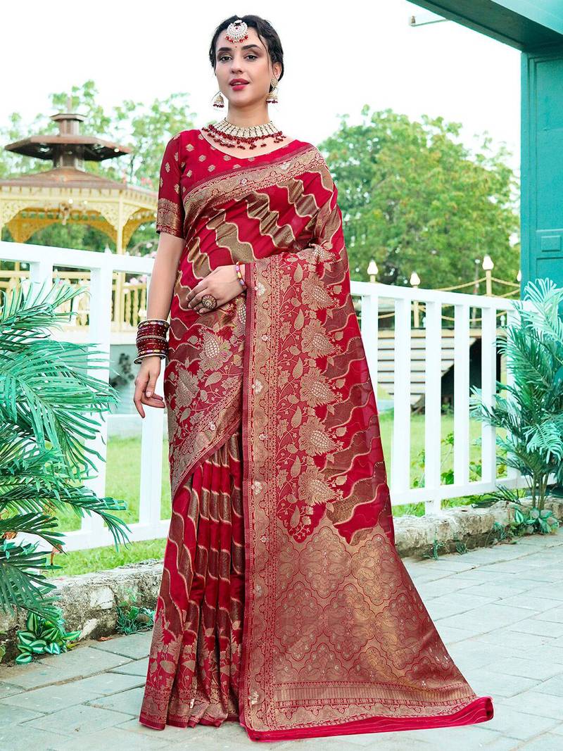 Red woven design floral printed zari organza saree