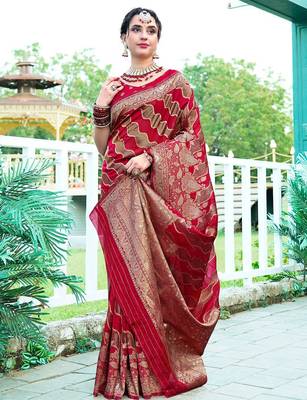 Red woven design floral printed zari organza saree 2