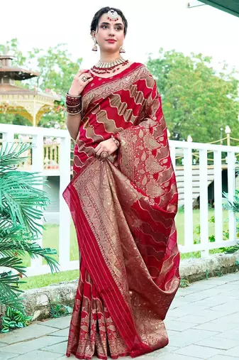Red woven design floral printed zari organza saree