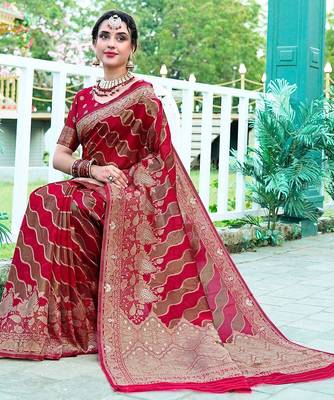 Red woven design floral printed zari organza saree 3
