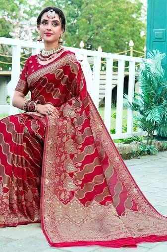 Red woven design floral printed zari organza saree