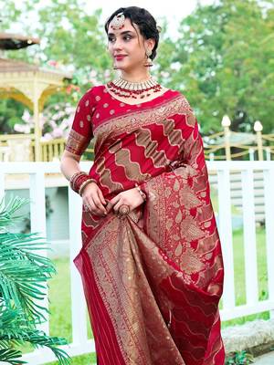 Red woven design floral printed zari organza saree 4