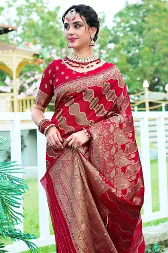 Red woven design floral printed zari organza saree