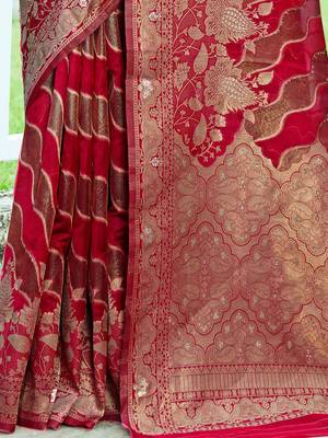 Red woven design floral printed zari organza saree 5