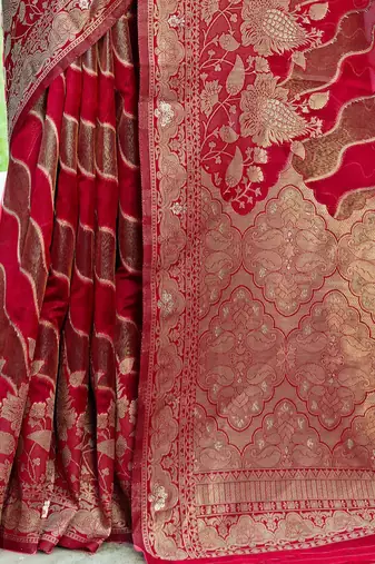 Red woven design floral printed zari organza saree