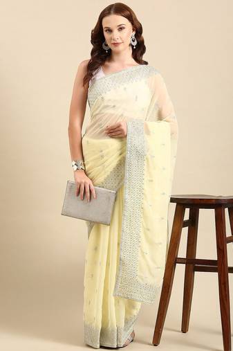 Yellow yellow & gold-toned floral embroidered saree
