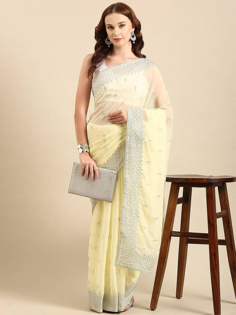 Yellow yellow & gold-toned floral embroidered saree