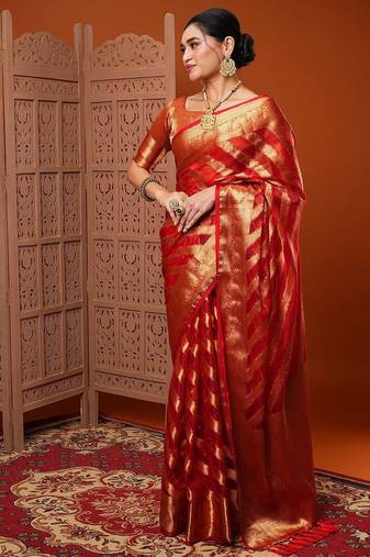 Orange red & gold-toned ethnic motifs woven design organza banarasi saree