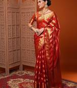 Orange red & gold-toned ethnic motifs woven design organza banarasi saree