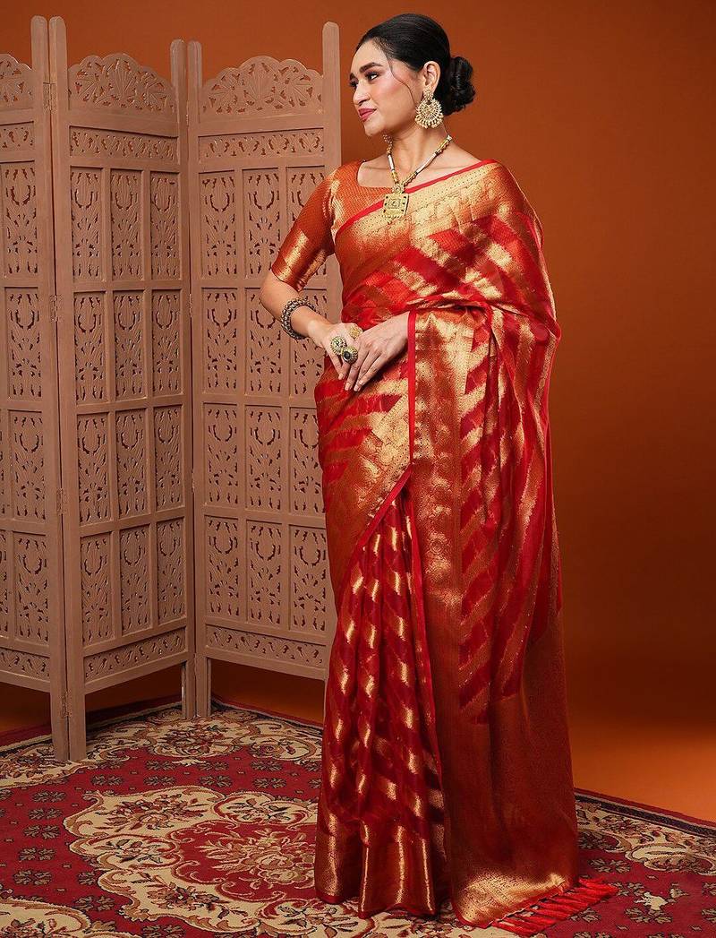 Orange red & gold-toned ethnic motifs woven design organza banarasi saree