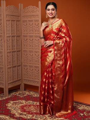 Orange red & gold-toned ethnic motifs woven design organza banarasi saree 2