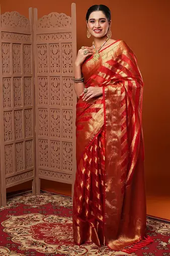 Orange red & gold-toned ethnic motifs woven design organza banarasi saree