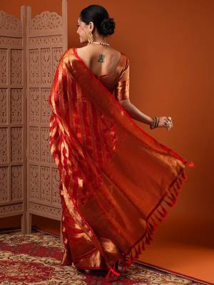 Orange red & gold-toned ethnic motifs woven design organza banarasi saree 3
