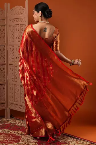 Orange red & gold-toned ethnic motifs woven design organza banarasi saree