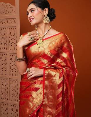 Orange red & gold-toned ethnic motifs woven design organza banarasi saree 4