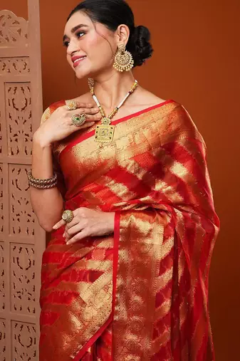 Orange red & gold-toned ethnic motifs woven design organza banarasi saree