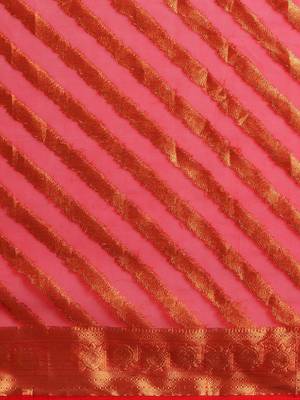 Orange red & gold-toned ethnic motifs woven design organza banarasi saree 5