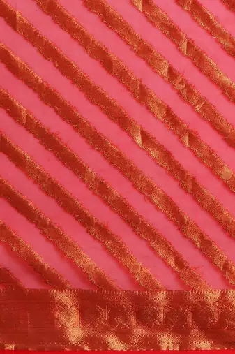 Orange red & gold-toned ethnic motifs woven design organza banarasi saree