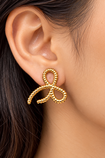 Gold bow stud earrings, twisted rope design, anti-tarnish