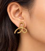 Gold bow stud earrings, twisted rope design, anti-tarnish