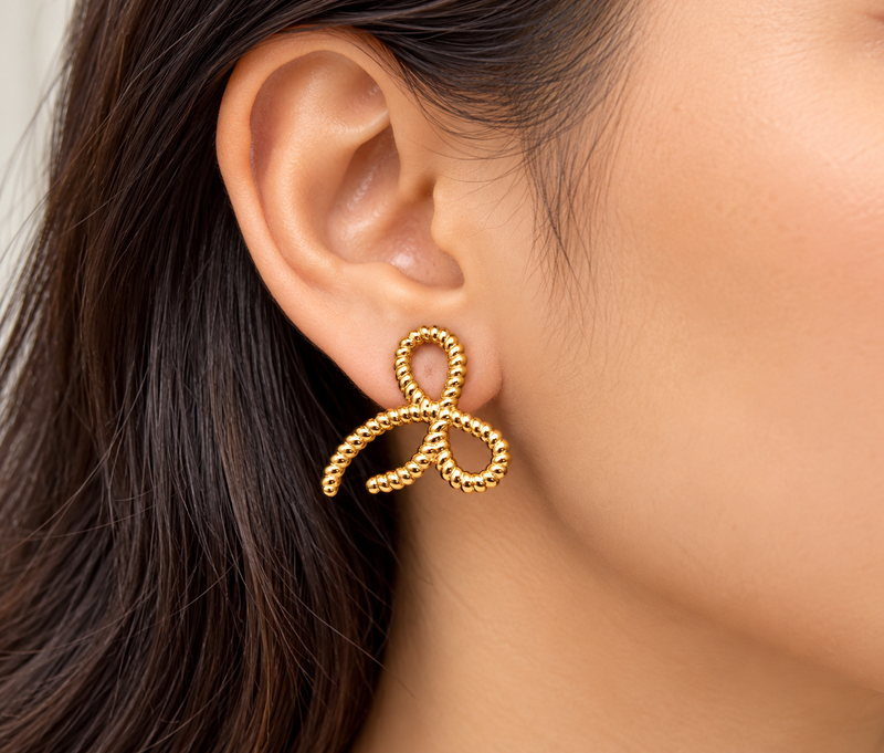 Gold bow stud earrings, twisted rope design, anti-tarnish