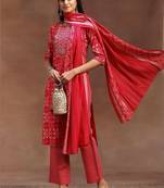 women printed regular mirror work kurta with trousers & with dupatta