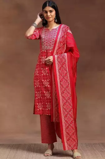women printed regular mirror work kurta with trousers & with dupatta
