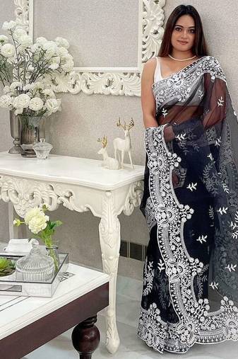 Black embellished embroidered organza saree