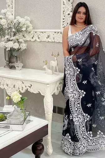 Black embellished embroidered organza saree