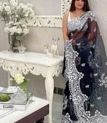 Black embellished embroidered organza saree