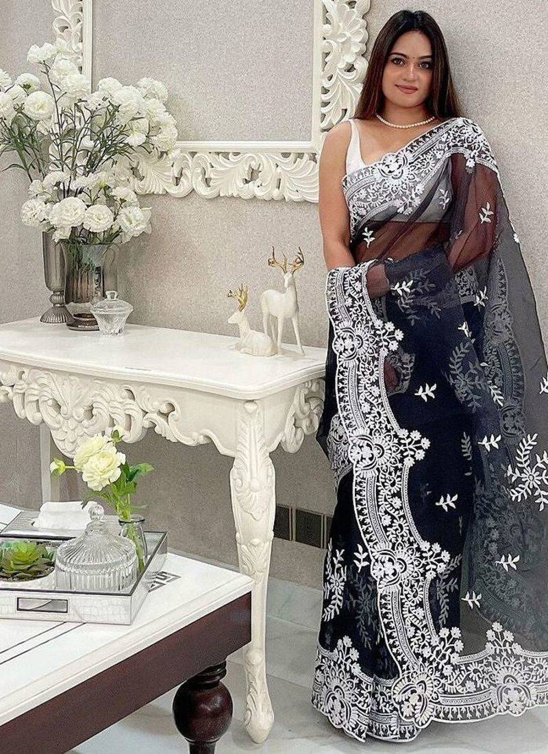 Black embellished embroidered organza saree
