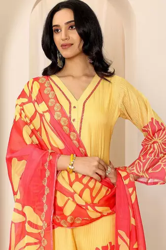 floral printed v-neck kurta with trousers and dupatta