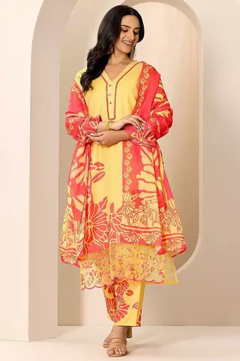 floral printed v-neck kurta with trousers and dupatta