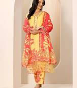 floral printed v-neck kurta with trousers and dupatta