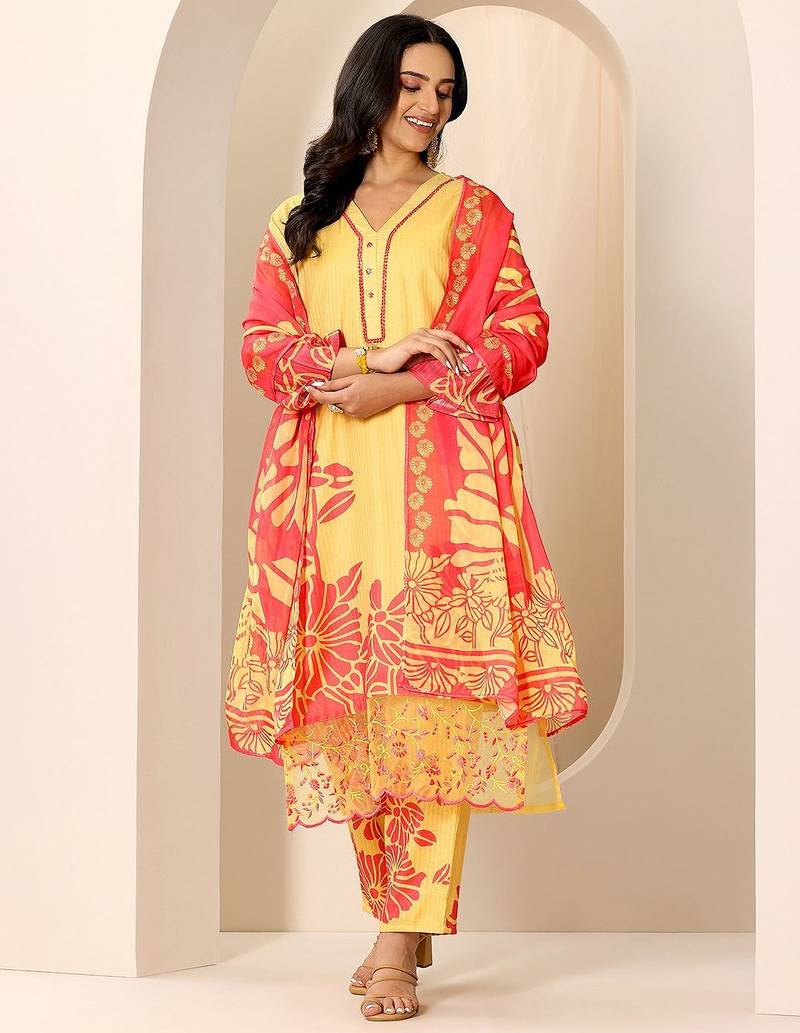 floral printed v-neck kurta with trousers and dupatta