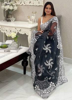 Black embellished embroidered organza saree 2