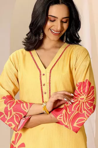 floral printed v-neck kurta with trousers and dupatta