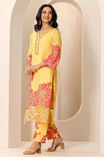 floral printed v-neck kurta with trousers and dupatta