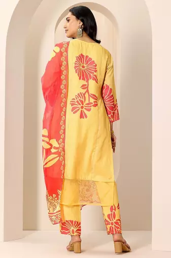 floral printed v-neck kurta with trousers and dupatta