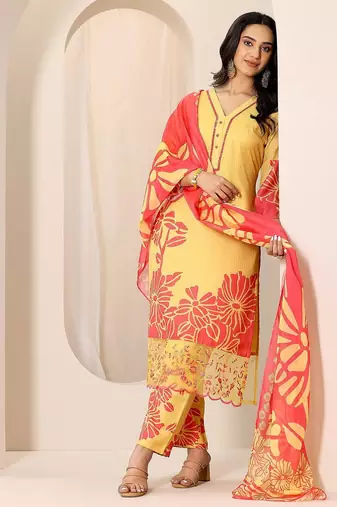 floral printed v-neck kurta with trousers and dupatta