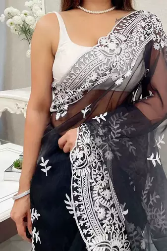 Black embellished embroidered organza saree