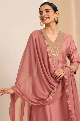 floral yoke design sequinned v-neck straight kurta with trousers and dupatta
