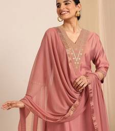 floral yoke design sequinned v-neck straight kurta with trousers and dupatta