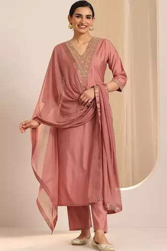 floral yoke design sequinned v-neck straight kurta with trousers and dupatta