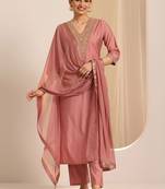 floral yoke design sequinned v-neck straight kurta with trousers and dupatta