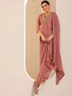 floral yoke design sequinned v-neck straight kurta with trousers and dupatta 3
