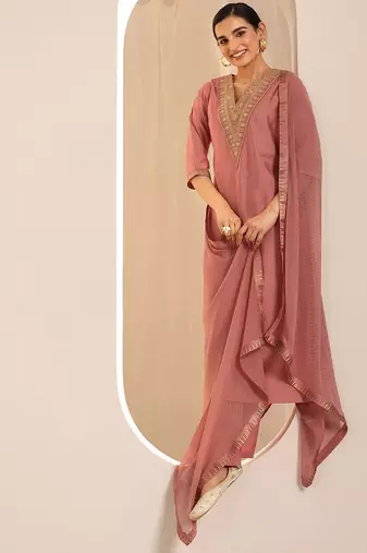 floral yoke design sequinned v-neck straight kurta with trousers and dupatta
