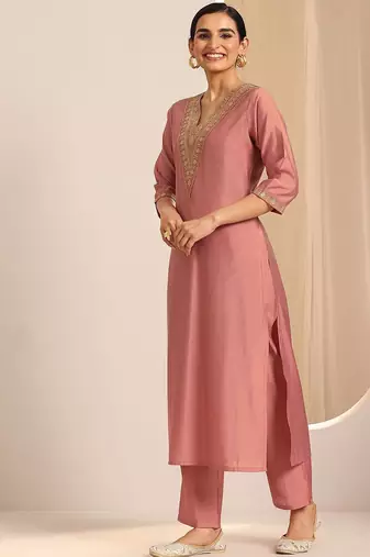 floral yoke design sequinned v-neck straight kurta with trousers and dupatta