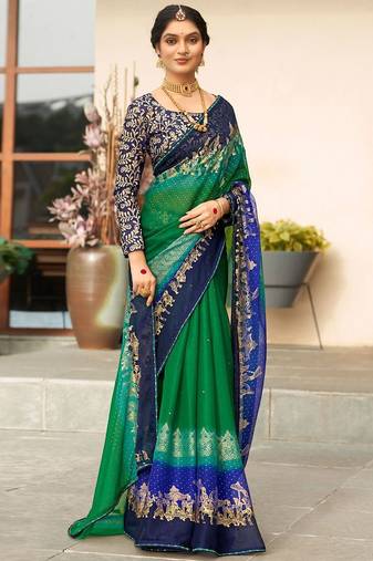 Green ethnic motifs zari poly chiffon saree